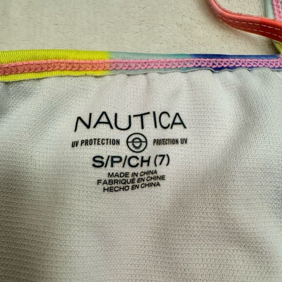 Nautica Girls 7 SM One Piece Swimsuit Neon Rainbow Stripe UV Protection Ruffle - Picture 3 of 7
